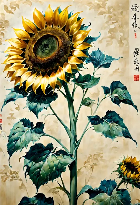 by Qi Baishi, (Sunflower), intricate, (best quality, masterpiece, Representative work, official art, Professional, unity 8k wallpaper:1.3)