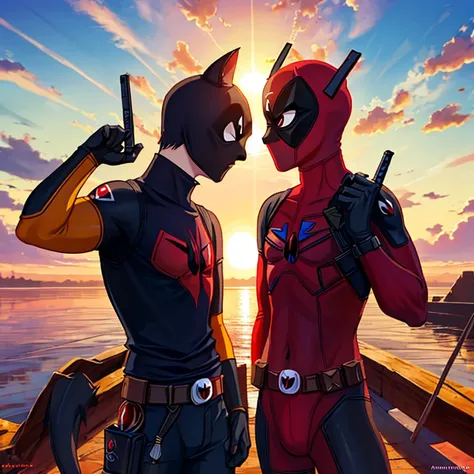 (nvinkpunk:1.2) (estilo snthwve:0.8) DEADPOOL, anthro, lightwave, sun sunset, intrincado, altamente detalhado, estampa de camiseta