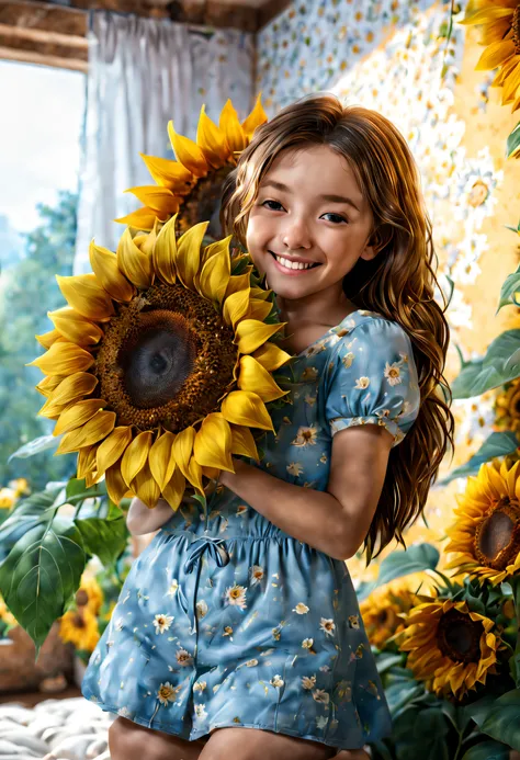 A girl happily hugs a sunflower pillow, ultra-wide-angle, octaneratingrendering, enhancing, iintricate, (Best quality at best, tmasterpiece, Representative Works, offcial art, professional, Unity8k wallpapers:1.3)