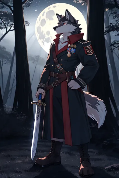 timber wolf, anthro, furry, female, dark theme, darkness, claws, dark forest, military uniform, long sword on belt, renaissance era, night time, midnight, moonlight, holding sword,