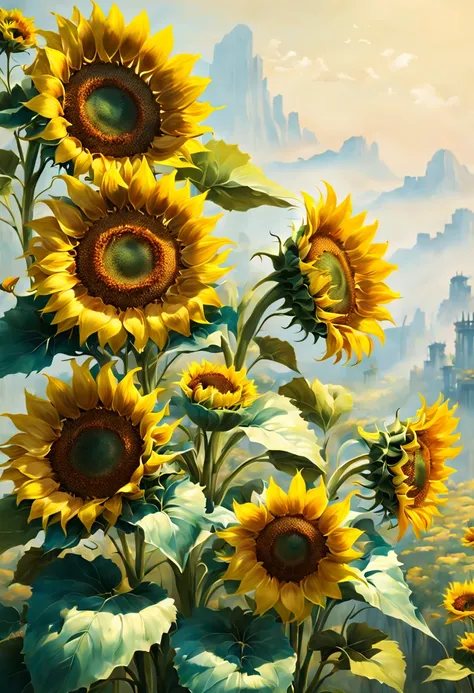 by zhang daqian, (Sunflower), intricate, (best quality, masterpiece, Representative work, official art, Professional, unity 8k wallpaper:1.3)