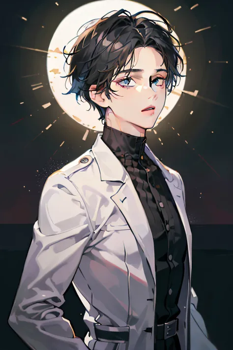 ((Best quality)), ((Jay(tmasterpiece, Best quality:1.2), a black trench coat, white  shirt, ((malefocus)), ((1 boy)), Young person, style of anime, manly face, Handsome, Good face, pretty eyes, ((sporty attire)), Silver Eyes, black hair color hair, Medium ...