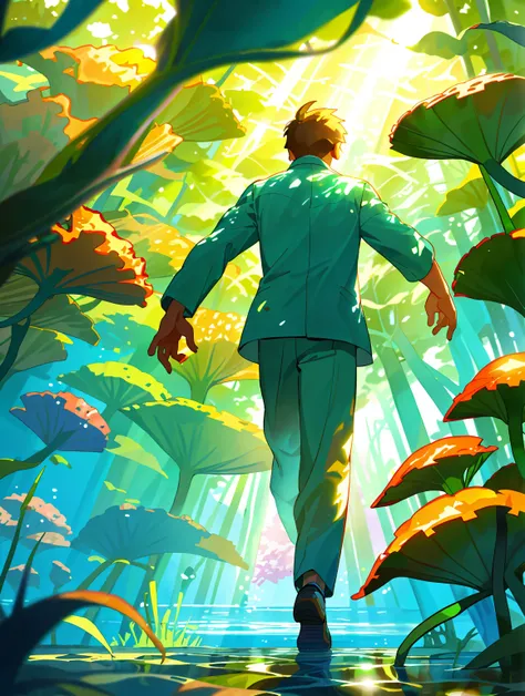 (masterpiece, best quality: 1.1), wide angle, from behind, a boy walks down a path underwater, in between tall kelps  as the sun shines through the water lighting up the path and the trees a beautiful green