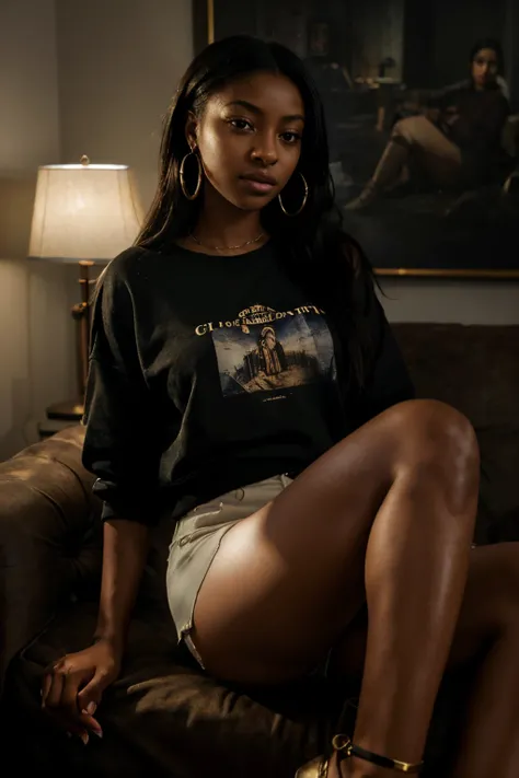 a poignant and emotionally charged dark painting, in a very dark dimly lit room, filled with the warmth of romance, cozy setting, small apartment, black hair, Justine Skye sittingon an old sofa, very dark scene, very dark room, painted in the style of Jose...