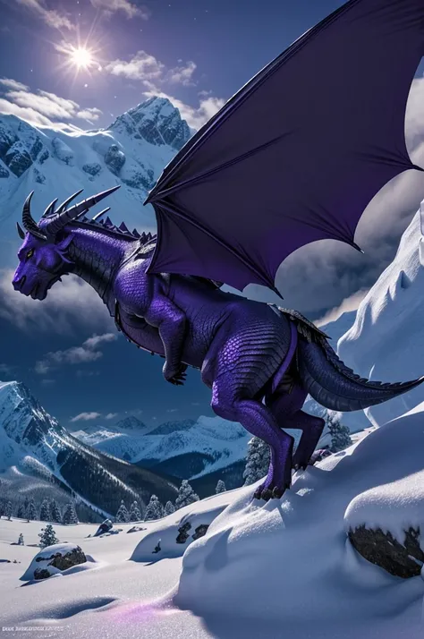 1 dragon, dark purple, purple scales, ice dragon, ice eyes, black horns, folded wings, powerful hind quarters, strong back legs, resting, on boulder, snow, snowy, sunset