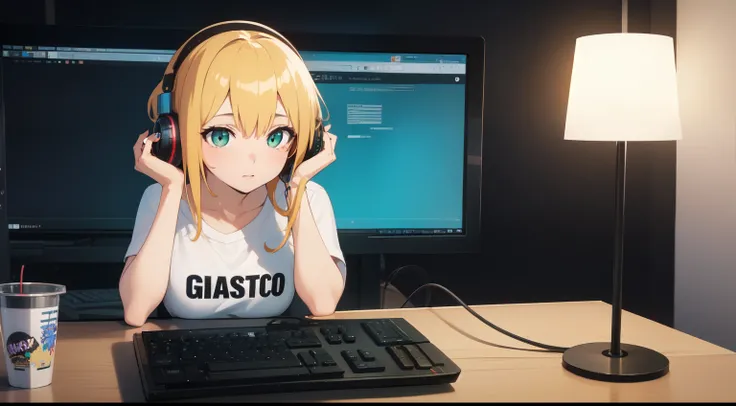 ((best quality)), ((master part)), (circunstanciado), rosto perfeito, 1 menina olhando para a tela do computador, olhos verdes, girl with headphones listening to music, garota ghost, vestindo camiseta preta, cabelos brancos, Photo Studio, Anime 2D