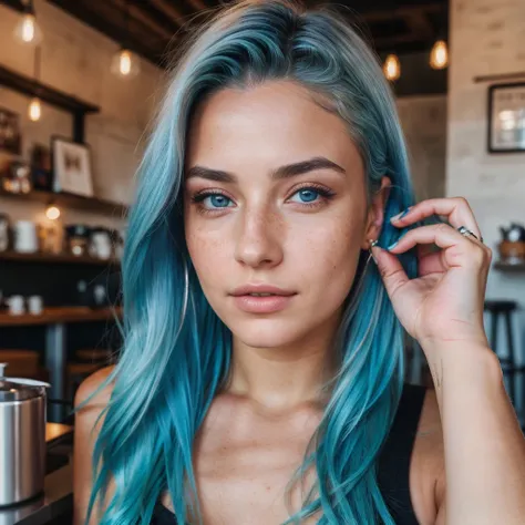 realistic portrait photo of beautiful woman with blue hair, hair roots slightly faded, Italian, influencer, light
freckles, brown eyes, no make up, Instagram, in a coffee shop