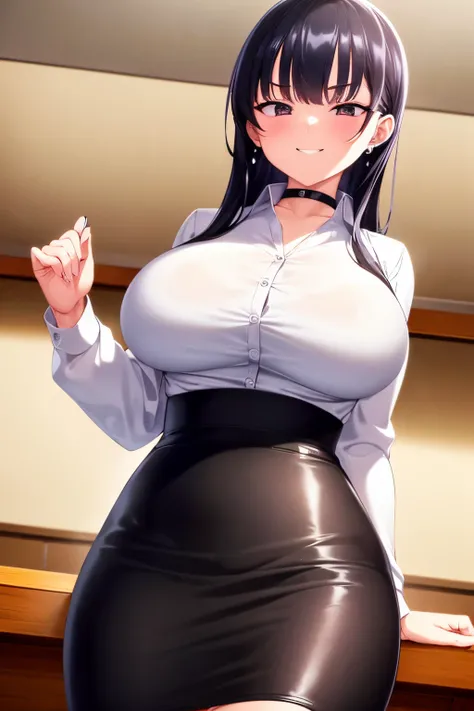 8k, highres, ultra detailed, (masterpiece:1.4), best quality, symmetrical body, (white shirt:1.4), (black pencil leather skirt:1.4), choker, cute, solo, earrings, long hair, dark purple hair, Brown eyes, glow effect, finely eye, grinning, wide smile, detai...