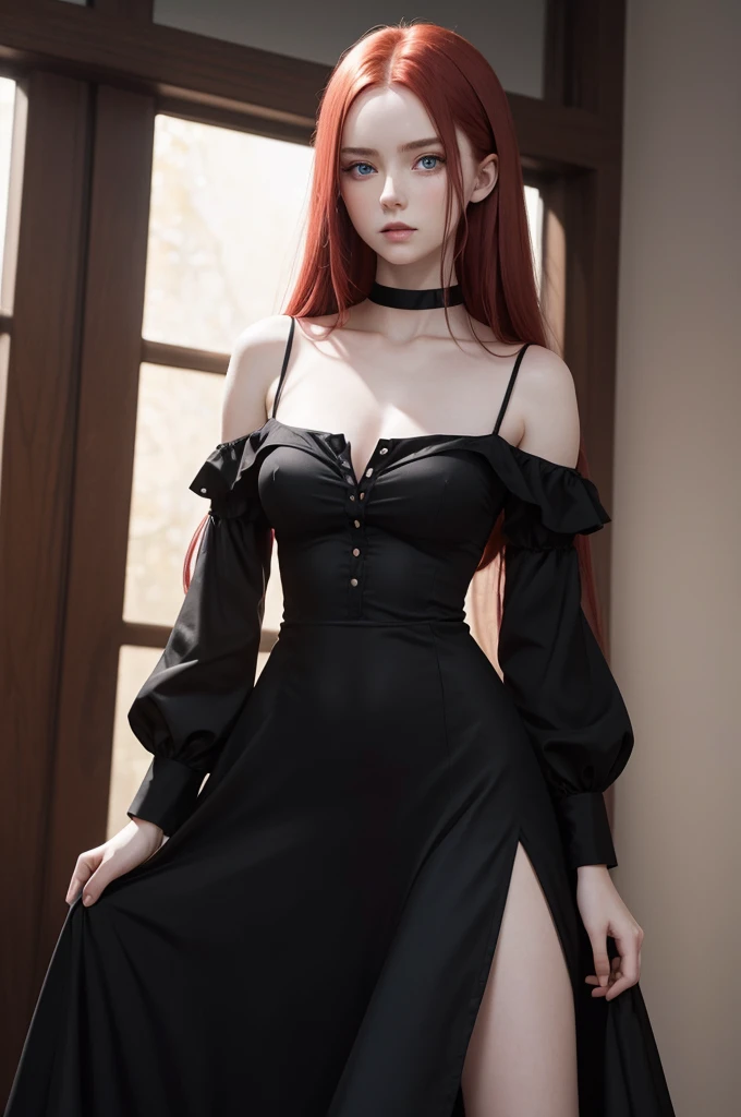 a 18 years old girl with long red hair, heterochromatic eyes, pale skin, flat chest, wearing a black dress paired with a crisp pink blouse, with a more elegant and sophisticated touch, something that matches her mysterious and strong personality. Overall, ...