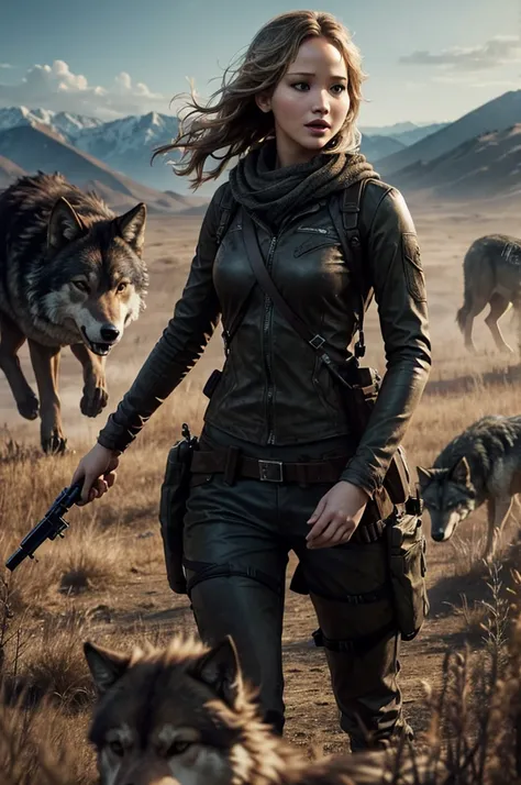 Jennifer Lawrence person in a dystopian field with rabid wolves behind him.