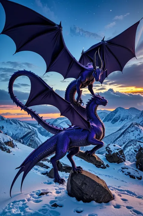 dragon, European dragon,sleek body,dark purple, purple scales,  dragon,  eyes, black horns, folded wings, powerful hind quarters, strong back legs, resting, on boulder, snow, snowy, sunset