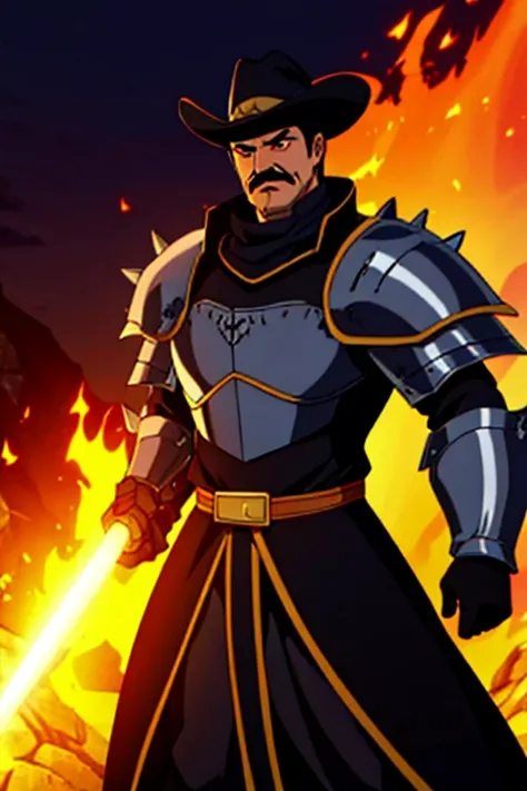 Male, spiky black hair, knights armor, mustache, dad body, fire sword, full body, high resolution, 4k, properly drawn face, cowboy hat.