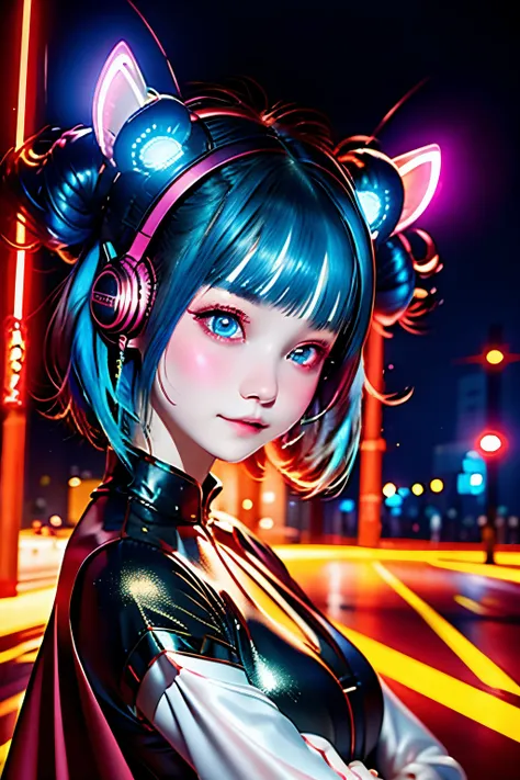 1 girl, Chinese_Clothes, metallic black titanium and pink, cyberhan, Cheongsam, Cyberpunk City, Dynamic Pose, (((Detailed blue light-emitting headphones, Bright blue hair accessories))), Long hair, Luminous earrings, glowing necklace, Cyberpunk, High-tech ...