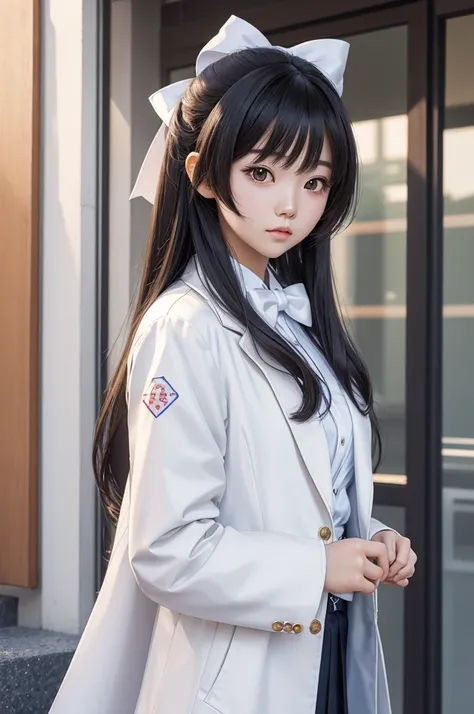 there is a woman with long hair wearing a white jacket and a bow tie, korean girl, realistic young anime girl, chinese girl, anime girl in real life, anime girl with long hair, white hime cut hairstyle, cute natural anime face, realistic anime 3 d style, b...