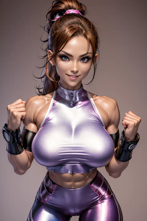 Arafe woman solo with ponytail hair、Fighting Game Fighter、Fitness Model、Wearing metallic pink battle uniform、slim and long legitimate body shape、(Sharp Focus:1.5), Photo, attractive young woman, (Beautiful face:1.1), Detailed eyes, luscious lips, (smokey e...