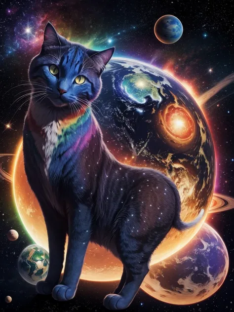 Hot Colossal Celestial Multicolored Cat goddess with many stars and planets surrounding it, as well as many stars.