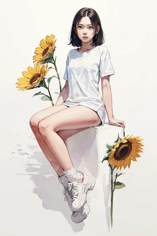 a beautiful woman, 27 yeras old, sunflower, (beautiful face:1.4), (best quality), (masterpiece:1.1),(white background, full body), (colorful:0.2),(ink splashing),(color splashing),((watercolor)),colorwater, sunflower