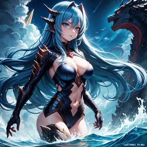 titanus gojira, female, medium breast, long blue hair, blue eyes, godzilla series, Kaiju girl, swimming