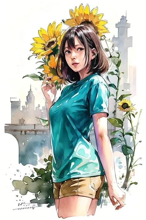 a beautiful woman, 31 years old, sunflower, (beautiful face:1.4), (best quality), (masterpiece:1.1), sunflower, (white background, full body), (colorful:0.2),(ink splashing),(color splashing),((watercolor)), colorwater, sunflower