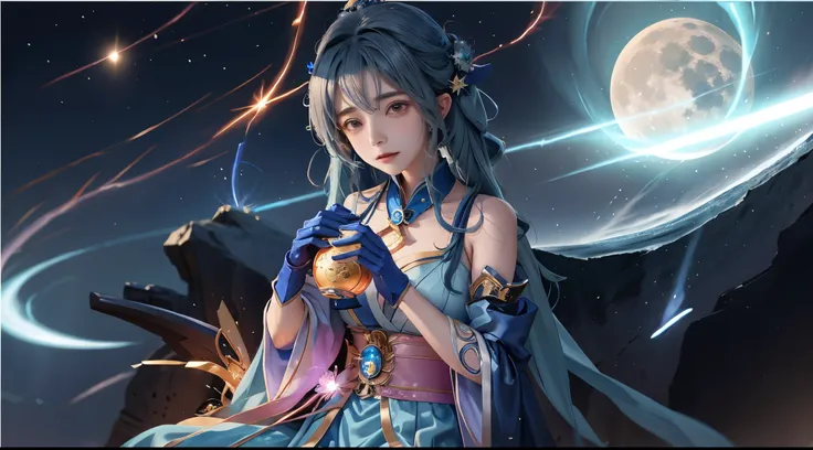 Anime girl holding blue moon in hand, Ayaka Genshin impact, Beautiful celestial mage, 《genshin impact》Ke Qingyu, ayaka game genshin impact, lunar goddess, twelve zodiac knight avatar, muenrias, Genshin impacts character, genshin impact, lunar themed attire...