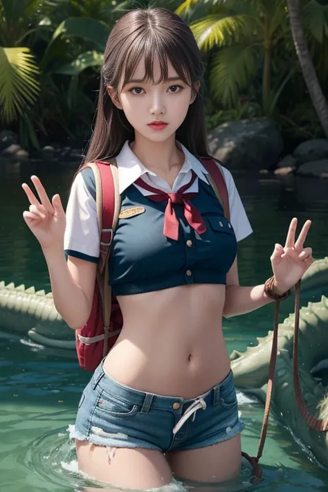 1girl, scout girl, pretty face, long stomach, helpless, begging face, pov hands,, hands tied up, in restraints, handcuffed, pulled by another, lifted by another, grabbing, pulling, pull up bra, open shorts without buttons , brown Scout uniform, white skin,...