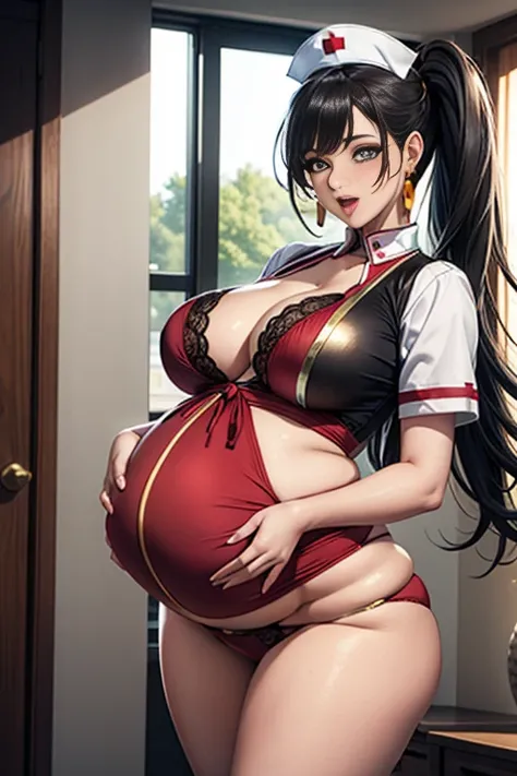 In the ward, A royal sister, White nurses uniform, red lingerie, Gold earrings, red pupils, looking at viewert, big breasts, huge pregnant, wide hips, slim waist,  Sling black silk, full bodyesbian, Black hair, Long hair, pony tails, Heart-shaped pupils,Be...