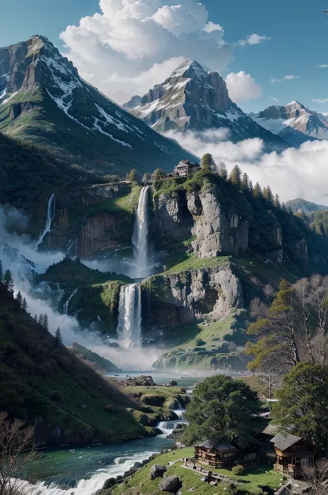 painting of a waterfall in a mountainous area with a house on the top, vertical wallpaper, 4 k vertical wallpaper, 4k vertical wallpaper, 8 k vertical wallpaper, 8k vertical wallpaper, ross tran. scenic background, beautiful mattepainting, 4 k matte painti...