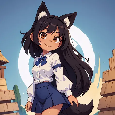 Kitsune, woman, shoulder length hair, black hair, black fox ears, cute face, brown eyes, big eyes, beautiful eyes, brown skin, adorable smile, petite body, small breasts, small waist, wide hips, large butt, thick thighs, small feet, black tail, fox tail, f...