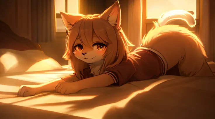 cat anthropomorphic home clothes, Cute face, fluffy ears, furry tail, Delicate lighting and shadows, Highest quality fine lines and refined facial features, Good ambient light, Ultra-fine fur、Volumetric light is very detailed,Finest quality furry art