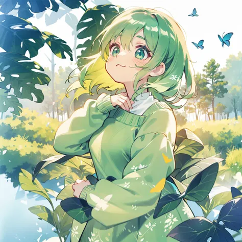 {{Best quality at best}}, {{tmasterpiece}}, {{ultra - detailed}}, {illustratio}, {detailedlight}, Light green hair, eBlue eyes, girl, Little girl, butterflys, Sweaters, longer sleeves, Green sweater,dual horsetail,change,cute big breasts,kawaii