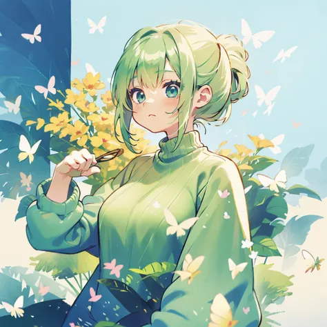 {{Best quality at best}}, {{tmasterpiece}}, {{ultra - detailed}}, {illustratio}, {detailedlight}, Light green hair, eBlue eyes, girl, Little girl, butterflys, Sweaters, longer sleeves, Green sweater,dual horsetail,change,cute big breasts,kawaii