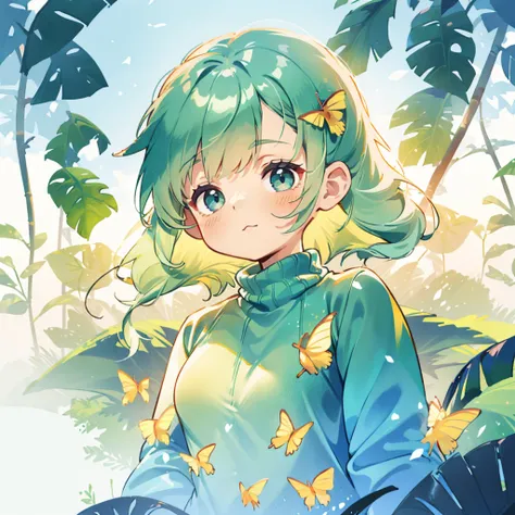 {{Best quality at best}}, {{tmasterpiece}}, {{ultra - detailed}}, {illustratio}, {detailedlight}, Light green hair, eBlue eyes, girl, Little girl, butterflys, Sweaters, longer sleeves, Green sweater,dual horsetail,change,cute big breasts,kawaii