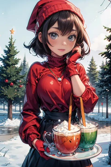 Minimalism, simplicity, graffiti, English magazine cover, (cartoon girl: 1.5), bust, playful expression, short hair, red Christmas beanie, red Christmas turtleneck, wearing red and green gloves, red, Snow, big English letters, hot coffee, Christmas tree, w...