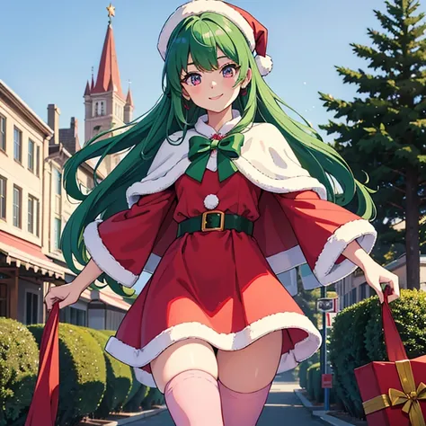 Aerial view, masterpiece, best quality, {{masterpiece}}, {best quality}, cute girl, {solo}, Christmas tree, Santa dress, Santa cape, city, town, glitter effect, beautiful green hair, beautiful pink eyes, tights, smile,