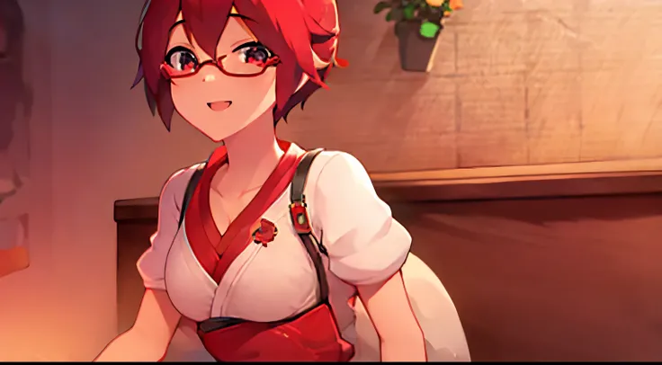 masterpiece、top-quality、1 girl in、red hairs、shortsleeves、cleavage of the breast、short-hair、eye glasses、anime styled、High School Uniforms、high quality fingers、lightsmile、The upper part of the body 、Get down on one knee、Skirt Fold、Fluffy clothes、portlate