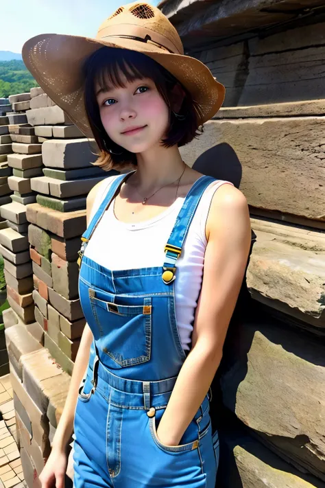 1girl in, Breathtaking cuteness, face perfect,, 14years, A sexy, ciinematic light, short-haired, small tits、Ultra small size 、Wearing overalls、Stonewash、((Climb on top of the person watching you))