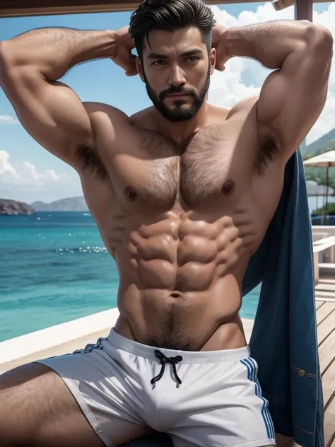 luring！Greek white buildings in the background！Santorini seaside！ctextured skin,!Single Eyelids!petty eyes！Summer outdoors at the beach！Poor equipment！、well built、dark skin texture,!！186ＣＭ！68 kg!skiny and thin！There is also a lot of hair on the abdomen！sum...