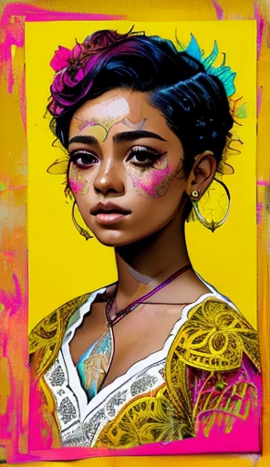 Young panamanian girl in a traditional pollera dress, short cirly haired, yellow, centered, key visual, intricate, highly detailed, breathtaking beauty, precise lineart, vibrant, comprehensive cinematic, Carne Griffiths, Conrad Roset, (the most beautiful p...