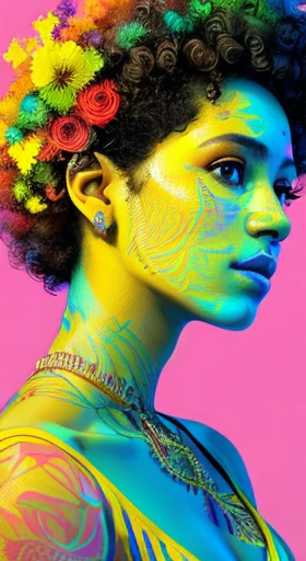 Young panamanian girl in a yellow traditional dress, short curly haired, centered, key visual, intricate, highly detailed, breathtaking beauty, precise lineart, vibrant, comprehensive cinematic, Carne Griffiths, Conrad Roset, (the most beautiful portrait i...