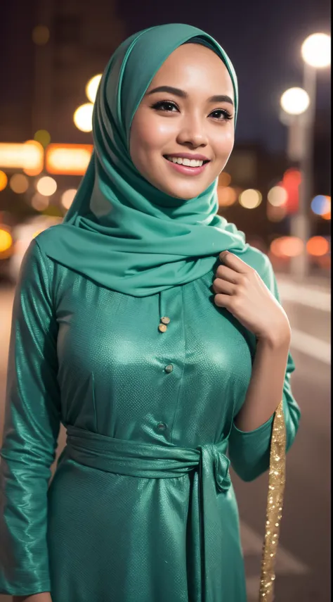 Cute malay girl in hijab wearing bright green baju kurung with seducing pose, big smile, laughing, happy, big front teeth, bustling nighttime city, wearing hijab, bright golden color hijab, small tits, small breast, flat chest, wide waist, thick thighs bri...