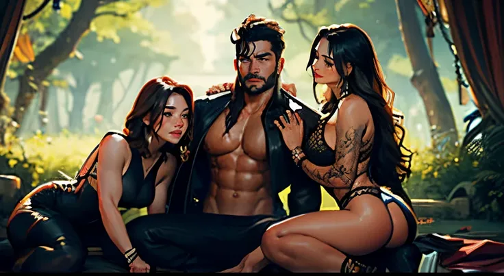 Muscular Handsome (((short-haired))) shirtless barbarian man absolutely surrounded and being hugged and touched by (((three))) sexy women harem girlfriends bitches feeling his muscles and groin, women: curvy with wide hips and nice asses in flattering sexy...