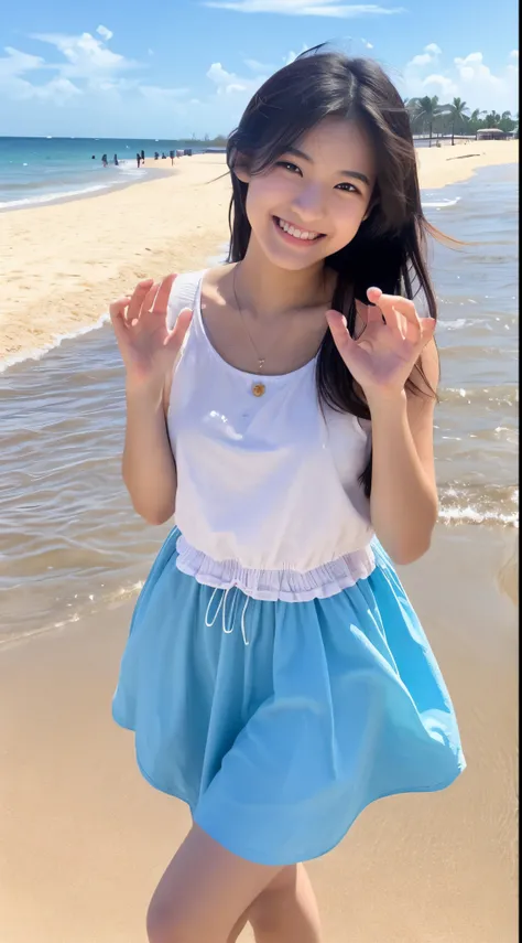 18year old、kawaii、tall、a smile、sand beach、Hands are out in front