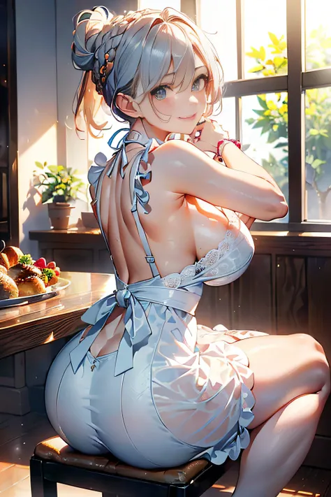 (A masterpiece of image quality in 8K),(Beautiful Ala-Fed Woman),(((emphasizing breasts:1.3))),(Dynamic angles),(Dynamic and sexy bending pose:1.3),(sit a chair:1.3),(Short hair in shiny silver and orange inner colors,large full breasts,Disturbance of clot...