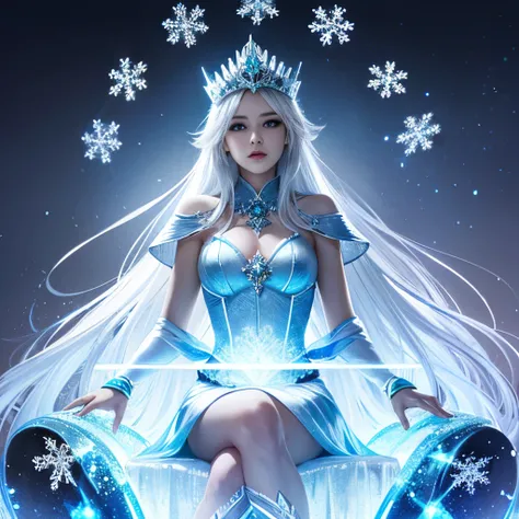 embarrassed, frost empress, ice mage, ice palace, throne room,
magical snowflakes,
sitting,
dark skin, transparent top,
ultra-hd,
upper body shot,