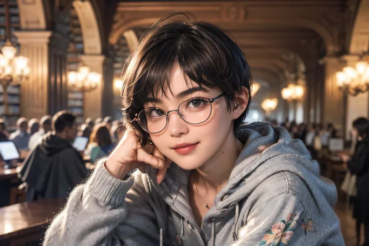 136
(a 20 yo woman,i&#39;i&#39;i&#39;I&#39;m in a dark library), (A hyper-realistic), (high-level image quality), ((beautiful hairstyle 46)), ((short-hair:1.46)), (Gentle smile), (breasted:1.46), (lipsticks), (wears glasses,wide,atlibrary), (florals), (wea...