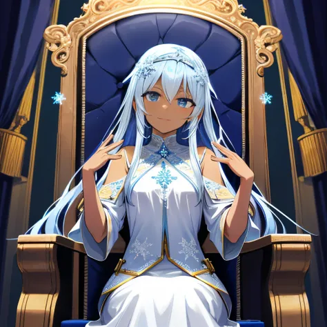 embarrassed, frost empresage,  palace, throne room,
magical snowflakes,
sitting,
dark skin, transparent top,
ultra-hd,
upper body shot,