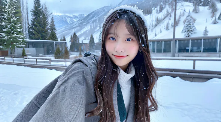 High School Girl, 18 years old, Wearing a gray miniskirt、Snow in the background