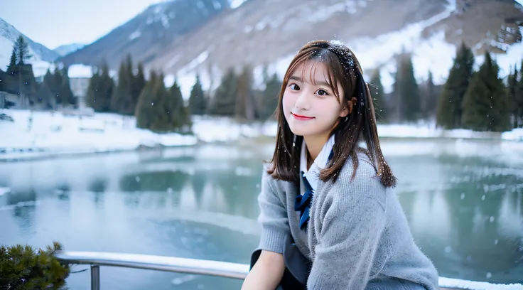 High School Girl, 18 years old, Wearing a gray miniskirt、Snow in the background