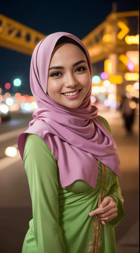 cute malay girl in hijab wearing bright green baju kurung with seducing pose, big smile, laughing, happy, big front teeth, bustl...