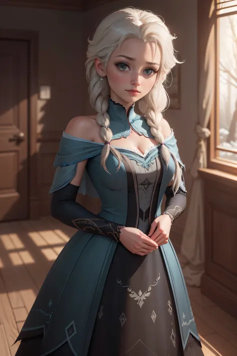 Highly detailed CG unity 8k wallpaper, style shot, complex, high detail, dramatic, highest quality movie still image, very detailed, masterpiece, best quality, character design, Elsa, Elsa from Frozen, (( Dark style)), realistic ultra-detailed rendering st...